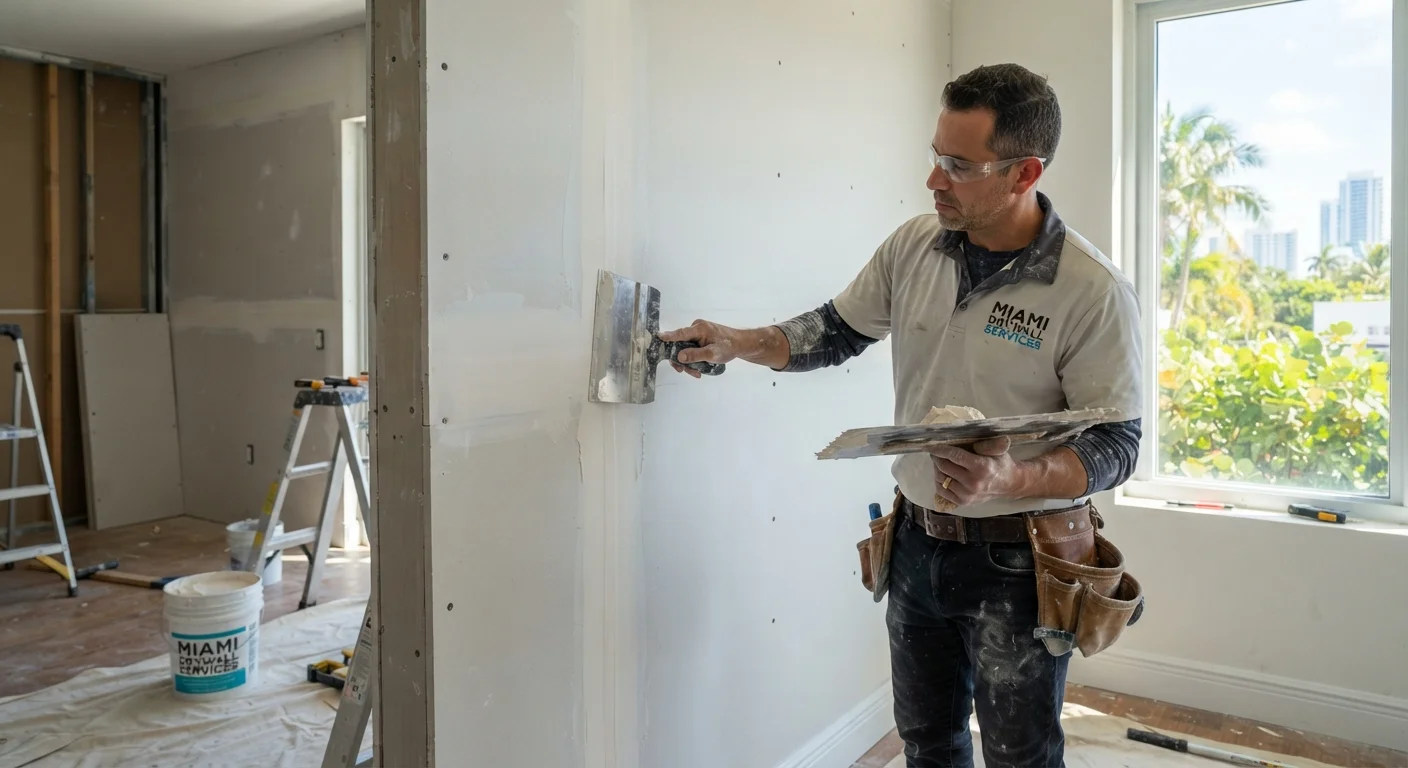 Close detail view relevant to drywall services showing a smooth joint compound application.