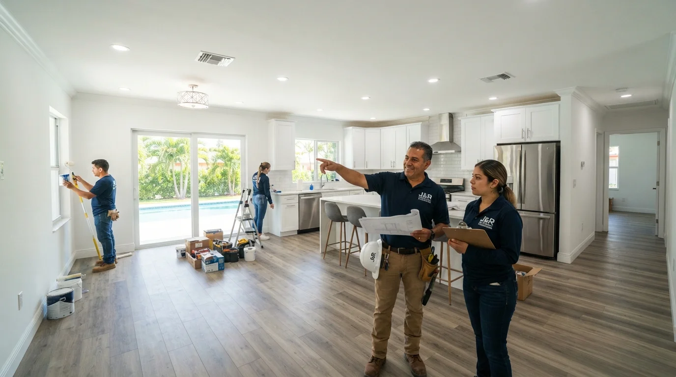 Wide shot of a completed property renovation project.