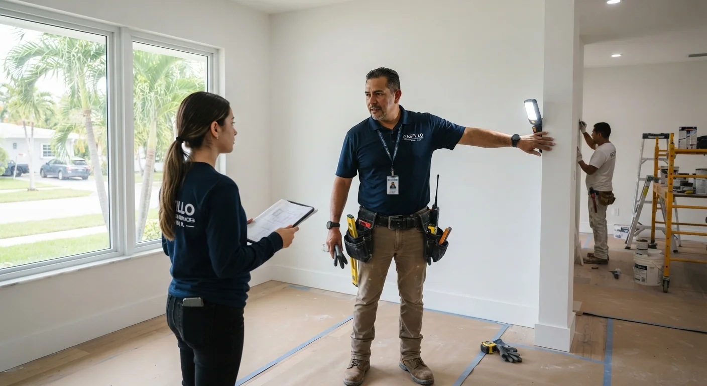 Detailed view of painters applying finishes during a project.