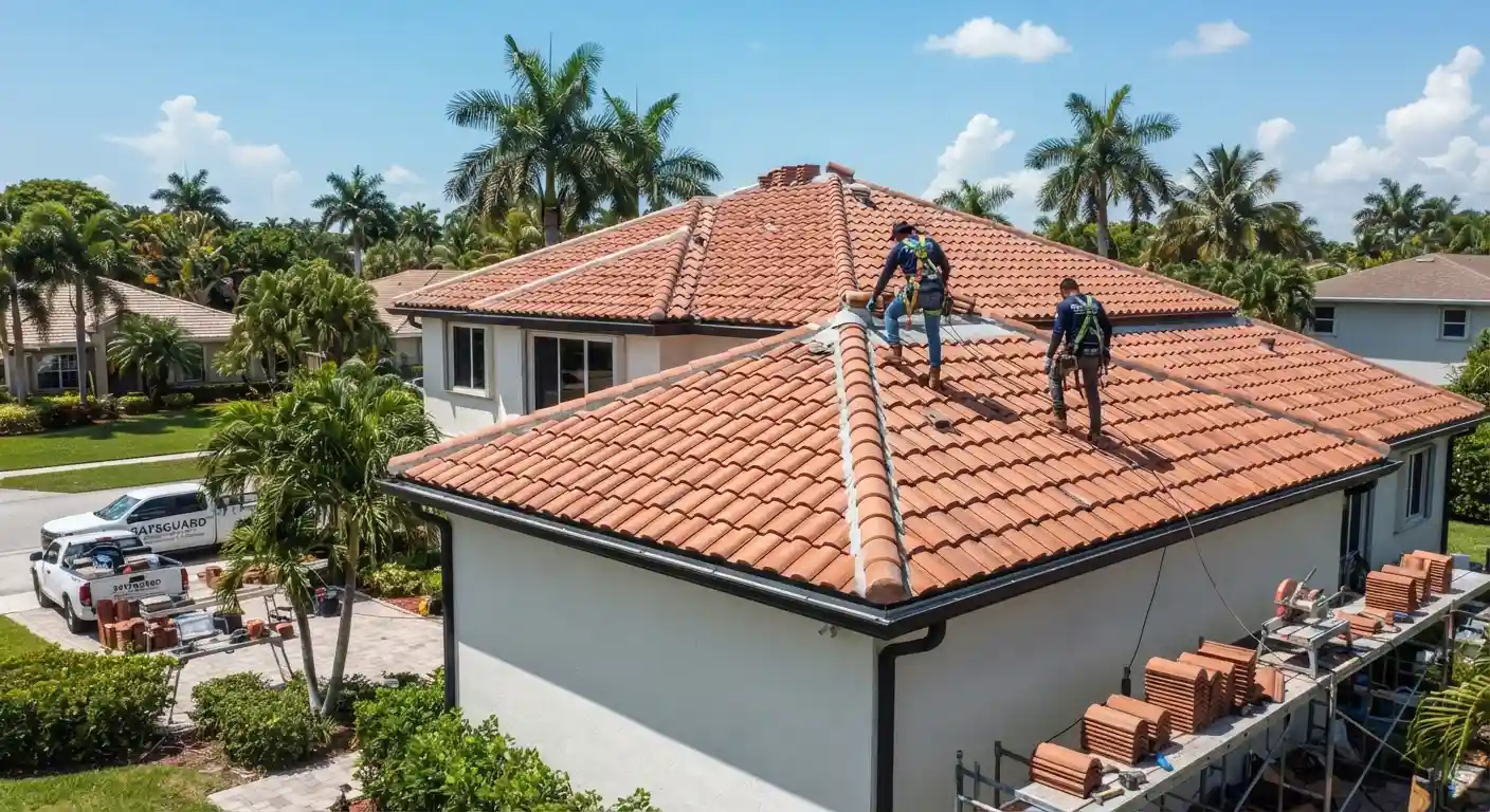 Workers installing new roofing materials on a residential property.